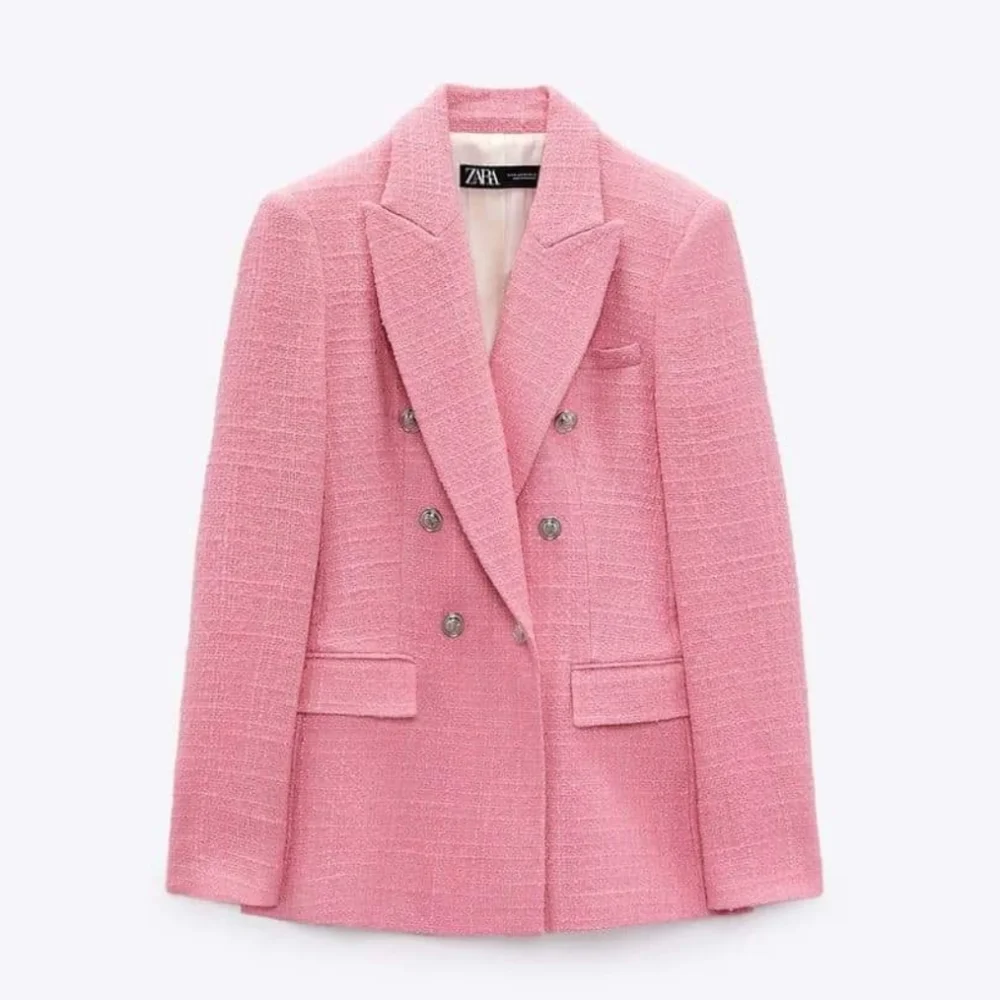 Zara Textured Tweed  Double Breasted  Blazer pink size S - Picture 7 of 17